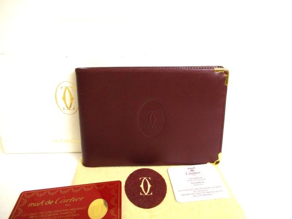 Photo1: Cartier Must de Cartier Bordeaux Leather Bifold Bill Wallet Purse #a008