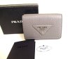 Photo1: PRADA Light Gray VIT Daino Leather Trifold Wallet Compact Wallet #a013 (1)