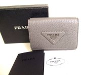 PRADA Light Gray VIT Daino Leather Trifold Wallet Compact Wallet #a013