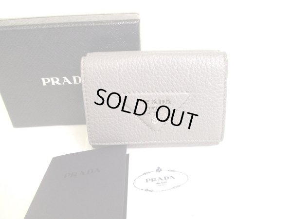 Photo1: PRADA Light Gray VIT Daino Leather Trifold Wallet Compact Wallet #a013