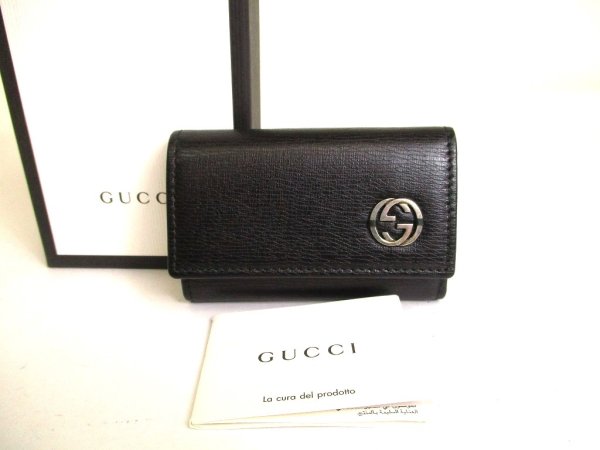 Photo1: GUCCI Interlocking G Black Leather 6 Pics Key Cases #a016