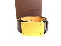 LOUIS VUITTON Utah Dark Brown Leather Inventure Gold Buckle Belt Size M #a023