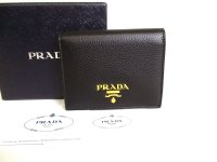 PRADA Daino Black Red Leather Bifold Wallet Compact Wallet #a040