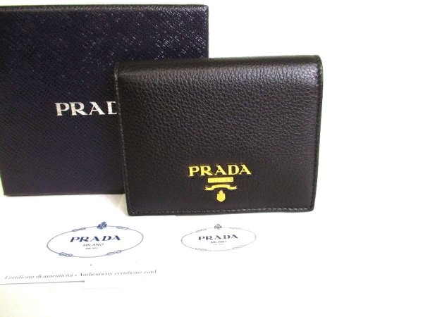 Photo1: PRADA Daino Black Red Leather Bifold Wallet Compact Wallet #a040