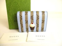 GUCCI GG Marmont Light Blue Stripes Leather Soft Cream Motif Bifold Wallet #a045