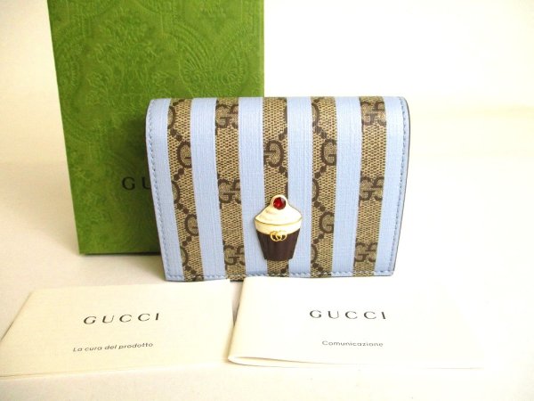 Photo1: GUCCI GG Marmont Light Blue Stripes Leather Soft Cream Motif Bifold Wallet #a045