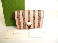 GUCCI GG Marmont Light Pink Stripes Leather Soft Cream Motif Bifold Wallet #a046