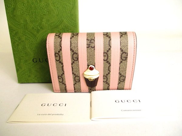 Photo1: GUCCI GG Marmont Light Pink Stripes Leather Soft Cream Motif Bifold Wallet #a046