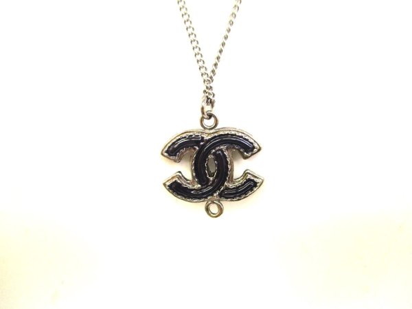 Photo2: CHANEL Black CC Logo Silver Chain Necklace #a047