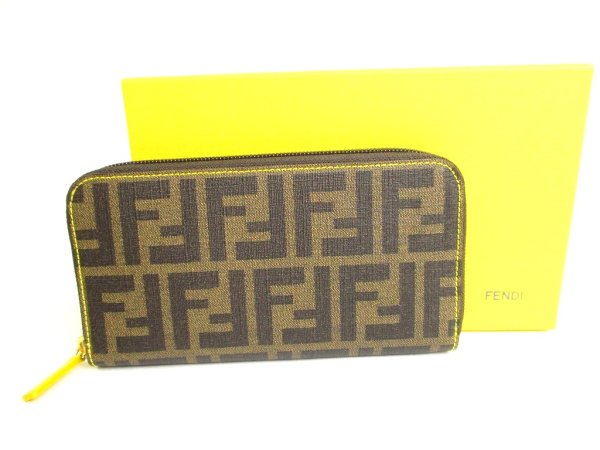 Photo1: FENDI Zucca Brown Canvas Yellow Leather Round Zip Long Wallet #a061