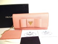 PRADA Saffiano Light Pink Leather Ribbon Bifold Long Flap Wallet #a062