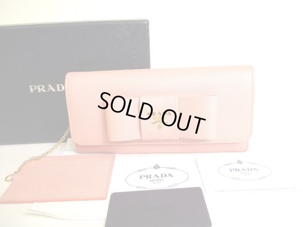 Photo1: PRADA Saffiano Light Pink Leather Ribbon Bifold Long Flap Wallet #a062