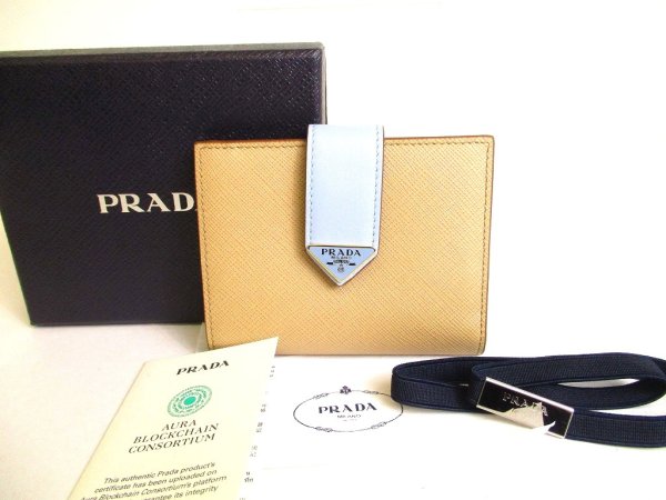Photo1: PRADA Sand Light Blue Leather Small Saffiano and smooth leather wallet #a066