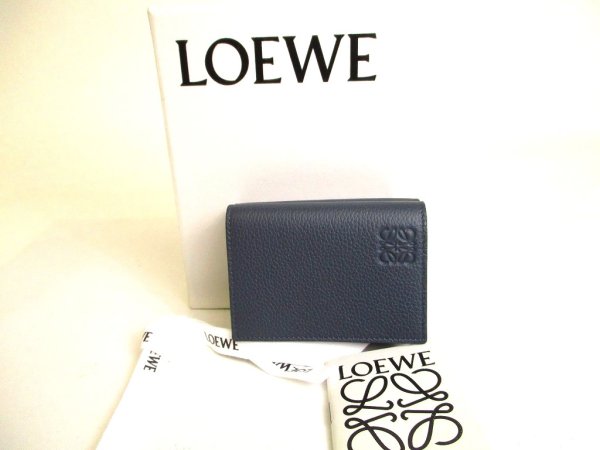 Photo1: LOEWE Trifold Wallet In Navy Blue Soft Grained Calfskin #a071