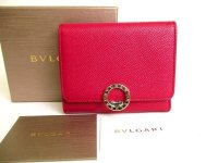 BVLGARI Wine-red Purple Leather Logo Clip Trifold Wallet #a079