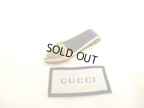 Photo1: GUCCI Old Gucci Gold H/W Black Leather Money Clip #a092