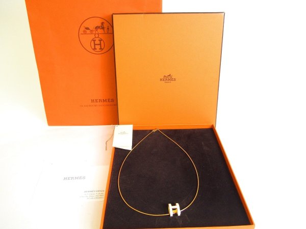 Photo1: HERMES White Pop Ash H Gold Plated Necklace Choker Pendant #a099