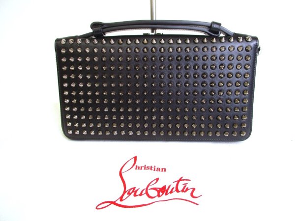Photo1: Christian Louboutin Panettone Black Leather Spikes Round Zip Wallet #a105