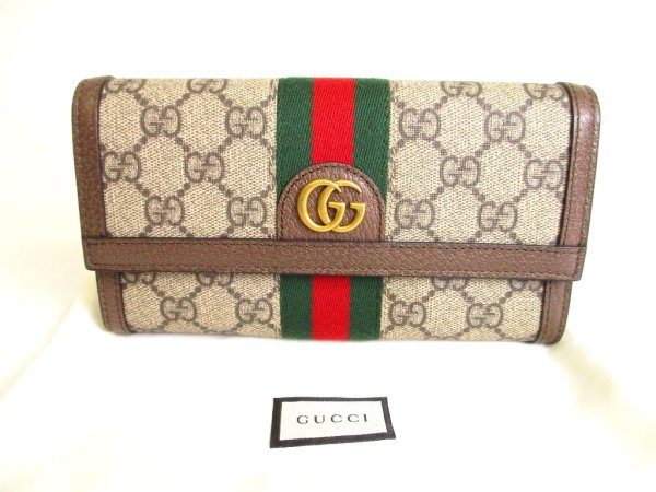 Photo1: GUCCI GG DIY Ophidia Brown Leather Web Strip Continental Wallet #a106