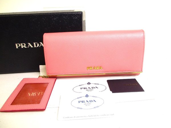 Photo1: PRADA Saffiano Metal Pink Leather Bifold Long Flap Wallet #a126