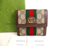 GUCCI Brown Leather Bifold Wallet Ophidia GG French Flap Wallet #a153