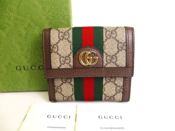 Photo1: GUCCI Brown Leather Bifold Wallet Ophidia GG French Flap Wallet #a153