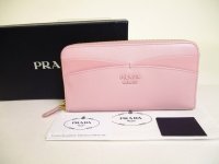 PRADA Light Pink Saffiano Waves Leather Round Zip Long Wallet #a166