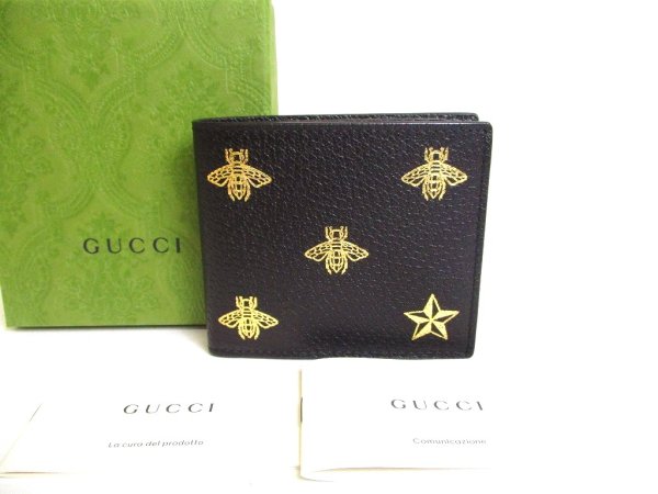 Photo1: GUCCI Animalier Black Leather Bifold Bill Wallet Compact Wallet #a177