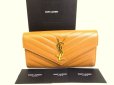 Photo1: Saint Laurent Paris Gold YSL Motif Brown Leather Long Flap Wallet #a184 (1)