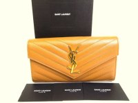 Saint Laurent Paris Gold YSL Motif Brown Leather Long Flap Wallet #a184