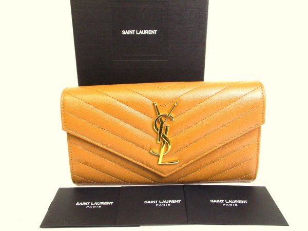 Photo1: Saint Laurent Paris Gold YSL Motif Brown Leather Long Flap Wallet #a184