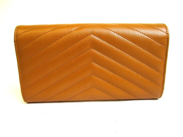 Photo2: Saint Laurent Paris Gold YSL Motif Brown Leather Long Flap Wallet #a184