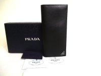 PRADA Saffiano Black Leather Bifold Long Flap Wallet #a189