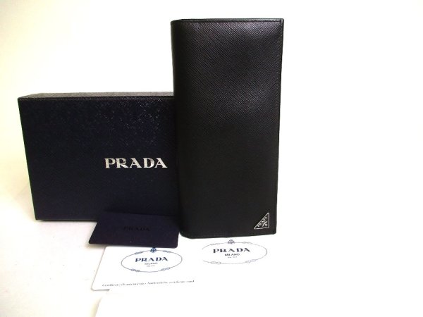 Photo1: PRADA Saffiano Black Leather Bifold Long Flap Wallet #a189