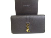 Saint Laurent Paris Gold YSL Motif Black Grain Leather Long Flap Wallet #a205