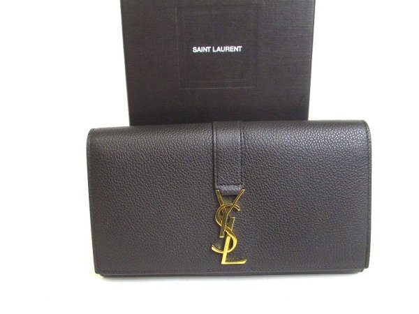 Photo1: Saint Laurent Paris Gold YSL Motif Black Grain Leather Long Flap Wallet #a205