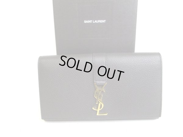 Photo1: Saint Laurent Paris Gold YSL Motif Black Grain Leather Long Flap Wallet #a205