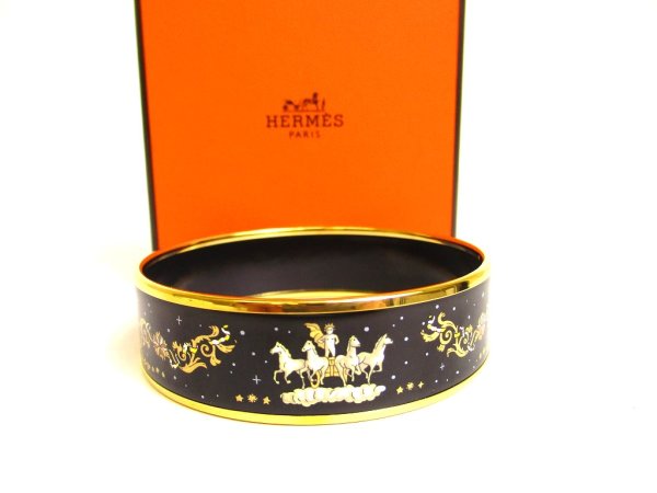 Photo1: HERMES Black Enamel Horse Motif Bangle Bracelet Email Imprime GM #a208