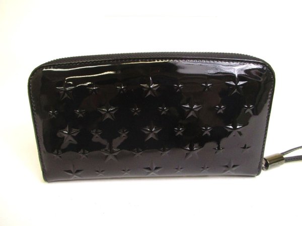 Photo2: Jimmy Choo Gold Embossed Stars Black Patent Leather Round Zip Wallet #a210