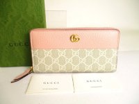 GUCCI Double G Beige Coating Canvas Light Pink Leather Round Zip Wallet #a217