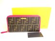 Photo1: FENDI Zucca Khaki Canvas Shocking Pink Leather Round Zip Long Wallet #a221 (1)