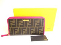 FENDI Zucca Khaki Canvas Shocking Pink Leather Round Zip Long Wallet #a221