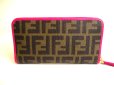 Photo2: FENDI Zucca Khaki Canvas Shocking Pink Leather Round Zip Long Wallet #a221 (2)