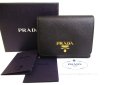 Photo1: PRADA Black Red Saffiano Leather Trifold Wallet Compact Wallet #a228 (1)