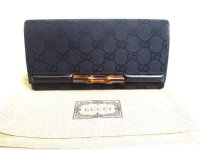 GUCCI GG Bamboo Black Canvas Leather RFlap Long Wallet #a231