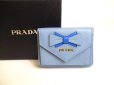 Photo1: PRADA Ribbon Motif Light Blue Leather Trifold Wallet Compact Wallet #a233 (1)