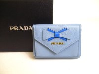 PRADA Ribbon Motif Light Blue Leather Trifold Wallet Compact Wallet #a233