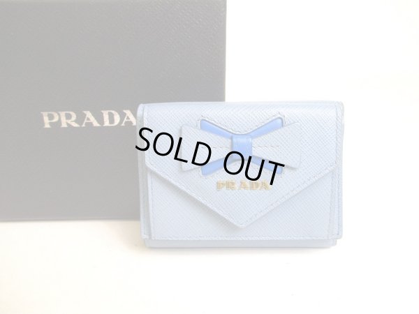 Photo1: PRADA Ribbon Motif Light Blue Leather Trifold Wallet Compact Wallet #a233