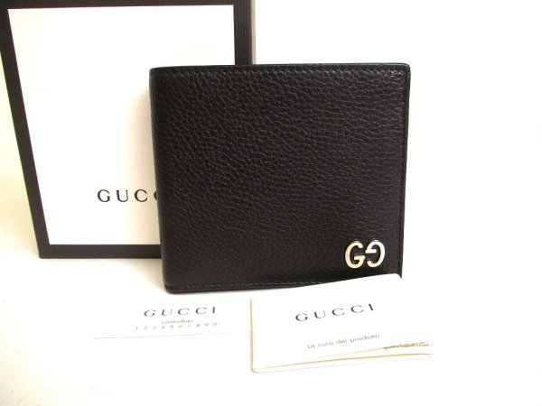 Photo1: GUCCI Metal GG Black Leather Bifold Wallet Compact Wallet #a238