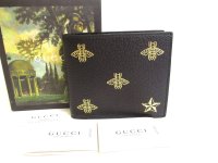 GUCCI Animalier Bee Motif Black Leather Bifold Wallet Compact Wallet #a245